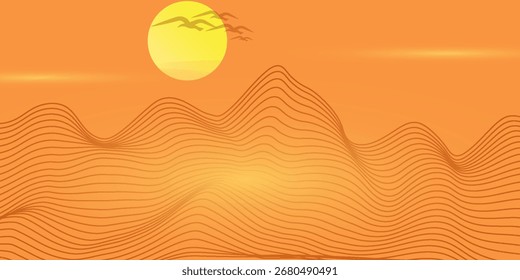 Vetor arte abstrata Monte Fuji Japão marco, paisagem montanha com pássaros e pôr do sol do nascer do sol por linha de ouro arte textura isolada na cor marrom