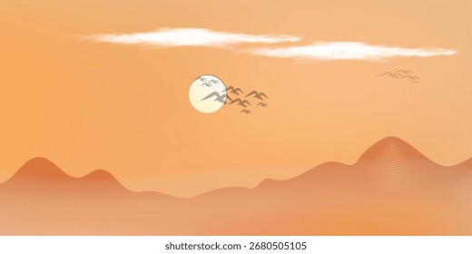 Vector abstract art Mount Fuji Japan landmark, landscape mountain with birds and sunrise sunset by gold line art texture isolated on dark grey black color