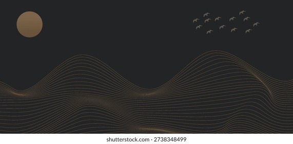 Vector abstract art Mount Fuji Japan landmark, landscape mountain with birds and sunrise sunset by gold line art texture isolated on dark grey black color background. Minimal luxury style.