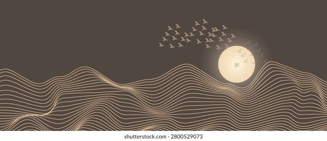 Vector abstract art Mount Fuji Japan landmark, landscape mountain with birds and sunrise sunset by gold line art texture isolated on dark grey black color