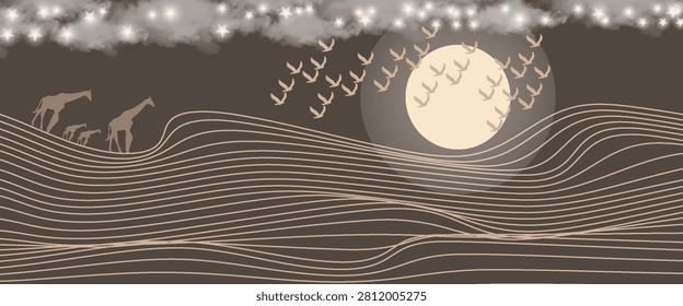 Vector abstract art Mount Fuji Japan landmark, landscape mountain with birds and sunrise sunset by gold line art texture isolated on dark grey black color