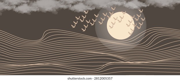 Vector abstract art Mount Fuji Japan landmark, landscape mountain with birds and sunrise sunset by gold line art texture isolated on dark grey black color