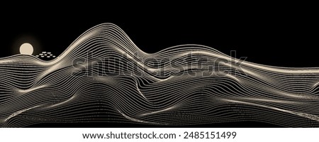 Vector abstract art Mount Fuji Japan landmark, landscape mountain with birds and sunrise sunset by gold line art texture isolated on dark grey black color background. Minimal luxury style.