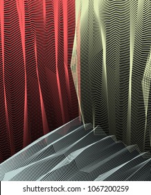 Vector abstract artistic background for design, linear 3d moire texture, inner space of a room. Fantastic psychedelic trendy modern op art, optical dimensional illusion.