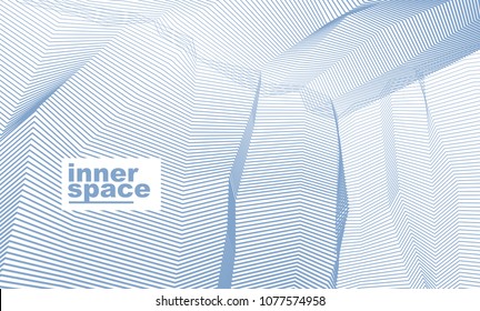 Vector abstract artistic background for design, linear 3d moire texture, inner space of a room. Fantastic psychedelic trendy modern op art, optical dimensional illusion.