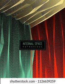 Vector abstract artistic background for design, linear 3d moire texture, inner space of a room. Fantastic psychedelic trendy modern op art, optical dimensional illusion.