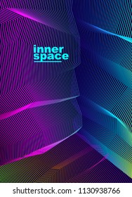 Vector abstract artistic background for design, linear 3d moire texture, inner space of a room. Fantastic psychedelic trendy modern op art, optical dimensional illusion.