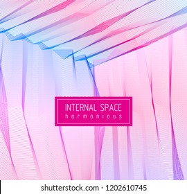 Vector abstract artistic background for design, linear 3d moire texture, inner space of a room. Fantastic psychedelic trendy modern op art, optical dimensional illusion.