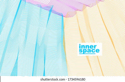 Vector abstract artistic background for design, linear 3d moire texture, inner space of a room. Fantastic psychedelic trendy modern op art, optical dimensional illusion.