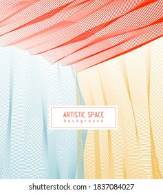 Vector abstract artistic background for design, linear 3d moire texture, inner space of a room. Fantastic psychedelic trendy modern op art, optical dimensional illusion.