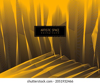 Vector abstract artistic background for design, linear 3d moire texture, inner space of a room. Fantastic psychedelic trendy modern op art, optical dimensional illusion.