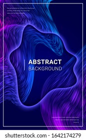 Vector abstract artistic poster with liquid neon lines ornament. Holographic blue and purple poster design. 