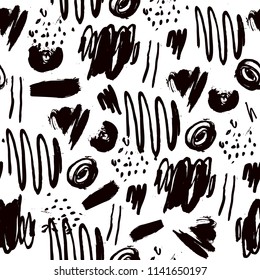 Vector abstract artistic seamless pattern. Strokes, pots, pastel, brush. Use for packaging, fabric. Hand drawn, black and white