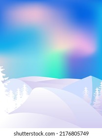 Ilustración de aurora boreal abstracta vectorial. Luces boreales Temporada de invierno frío y nevadas nevadas paisajes Estilo de dibujos animados aurora en el Ártico. Estilo minimalista. Concepto plano. Plantilla de portada.