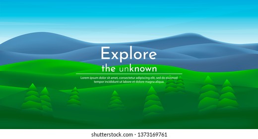 Vector abstract background. 3d concept. Trees in the field. Mountains. Minimalistic banner