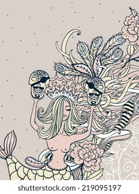 vector abstract background with a beautiful mermaid and pirates skulls
