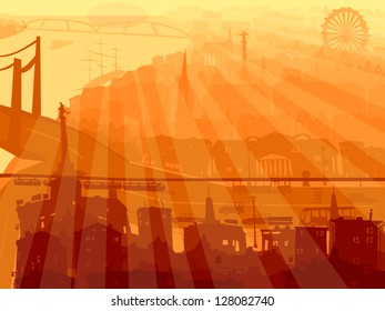 Vector abstract background of big city with roofs, bridge and rays of sun through buildings.