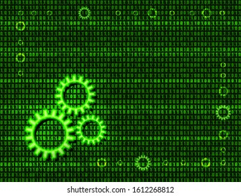 Vector Abstract Background, Binary Code Digital Art with Gears and Lights, Green Color.