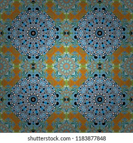Vector abstract background in blue, green and orange colors. Floor tiles, porcelain ceramic tile, geometric seamless pattern for surface and floor, marble floor tiles.