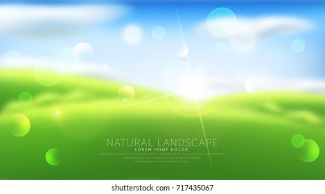 Vector abstract background with blur. Green grass, sky, clouds, sun. Template for modern design, advertising.