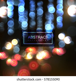 Vector abstract background of blurry defocused traffic lights. Vector urban illustration. Night cityscape scene