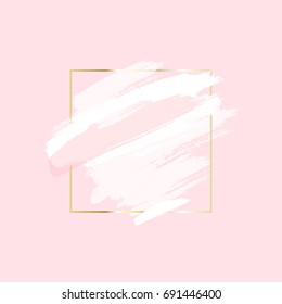 Vector abstract background. Brush strokes and square linear golden frame on pink background. 