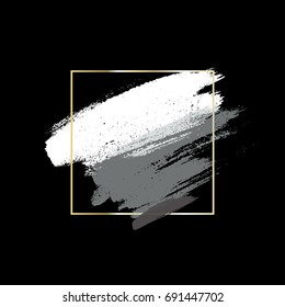 Vector abstract background. Brush strokes and square linear golden frame on black background. 
