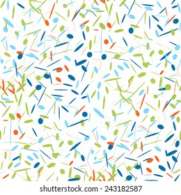 Vector abstract background of colorful confetti of different shapes. Seamless pattern of bright confetti. Illustration of confetti for holiday gift wrapping or greeting card's backdrop design.