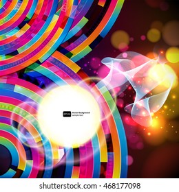Fondo abstracto vectorial. Patrón tecno colorido en una oscuridad. Líneas onduladas y delgadas y círculos transparentes se desdibujan.  Tarjeta de diseño con lugar redondeado para el texto.