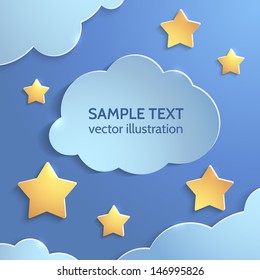 Vector abstract background composed of light blue paper clouds and yellow stars. Over blue. Vector illustration.