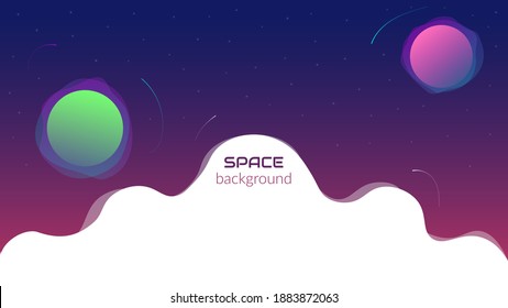Vector abstract background. Concept, space, infinite universe. Dark background with fluid objects, stars and planets. Web banner design template with meta for text. Copyspace.