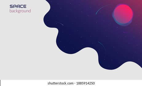 Vector abstract background. Concept, space, infinite universe. Dark background with fluid objects, stars and planets. Web banner design template with meta for text. Copyspace.