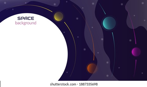 Vector abstract background. Concept, space, infinite universe. Dark background with fluid objects, stars and planets. Web banner design for social network. Copyspace.