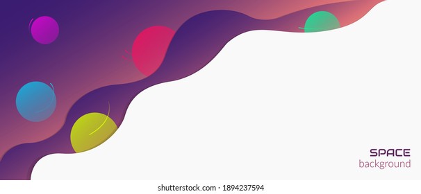 Vector abstract background. Concept, space, infinite universe. Dark background with fluid objects, stars and planets. Web banner design template with meta for text. Copyspace.
