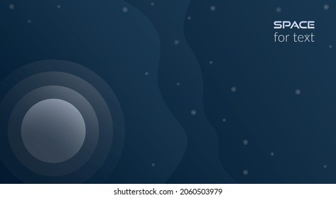 Vector abstract background. Concept, space, infinite universe. Dark background with fluid objects, stars and planets. Web banner design template with space for text. Copy space.