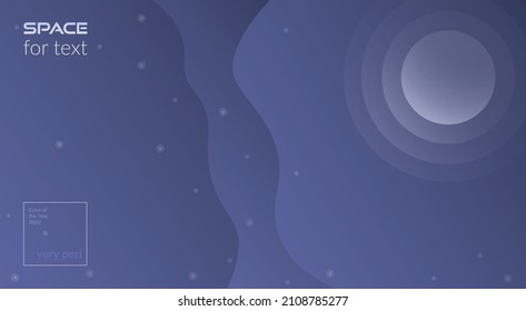 Vector abstract background. Concept, space, infinite universe. Dark background with fluid objects, stars and planets. Web banner design template in color of the year 2022, very peri. Copy space.