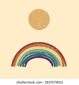 Vector abstract background. Contemporary style. Colorful rainbow. Grunge texture. Decorative art wallpaper. Clear sky with sun. Geometric lines. Doodle hand drawn illustration.
