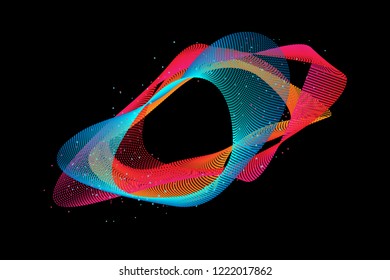 Vector abstract background with copy space. Red and blue waves, particles, lines and dots