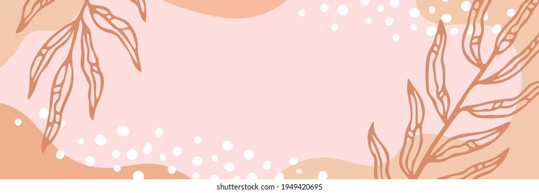 Vector abstract background with copy space. Trendy colors and shapes, branch outline. Long horizontal banner.