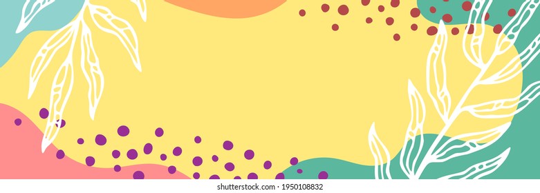 Vector abstract background with copy space. Trendy colors and shapes, branch outline. Long horizontal banner.