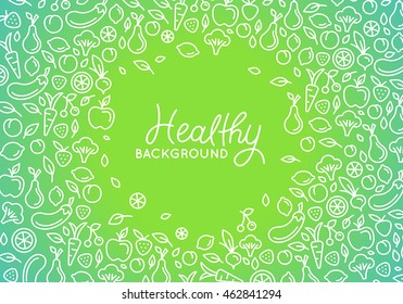 Vector abstract background with copy space for text - healthy living - green backdrop with fruit icons 