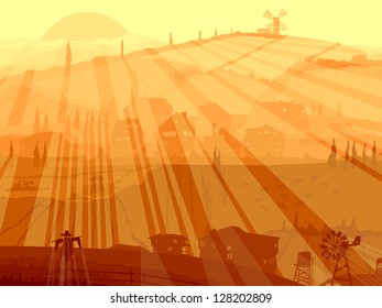 Vector abstract background country view of village with fields in sunset rays.