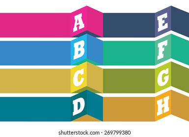 Vector abstract background. Creative page layout design template with colorful horizontal bars numbered with capital letters as bullet points for index or list. 