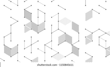 Vector Abstract Background With Cube Cell. Modern Technology Illustration With Square Mesh. Digital Geometric Abstraction With Lines And Points.