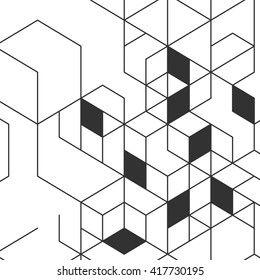 Vector abstract background with cube cell. Modern technology illustration with square mesh. Digital geometric abstraction with lines and points.