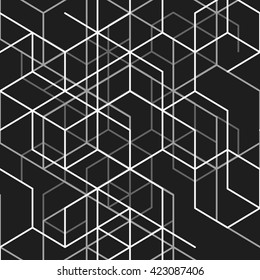 Vector abstract background with cube cell. Modern technology illustration with square mesh. Digital geometric abstraction with lines and points.