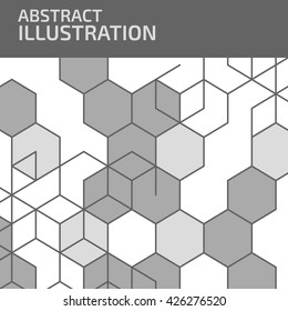 Vector abstract background with cube cell. Modern technology illustration with square mesh. Digital geometric abstraction with lines and points.