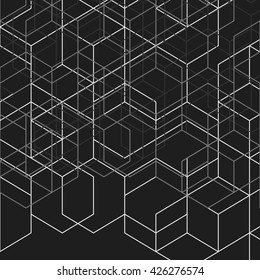 Vector abstract background with cube cell. Modern technology illustration with square mesh. Digital geometric abstraction with lines and points.