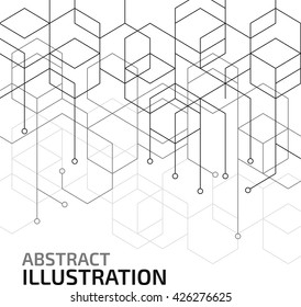 Vector abstract background with cube cell. Modern technology illustration with square mesh. Digital geometric abstraction with lines and points.
