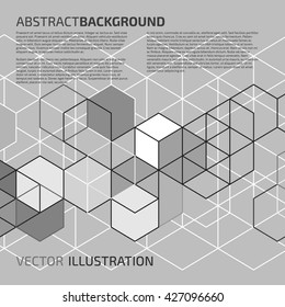 Vector abstract background with cube cell. Modern technology illustration with square mesh. Digital geometric abstraction with lines and points.